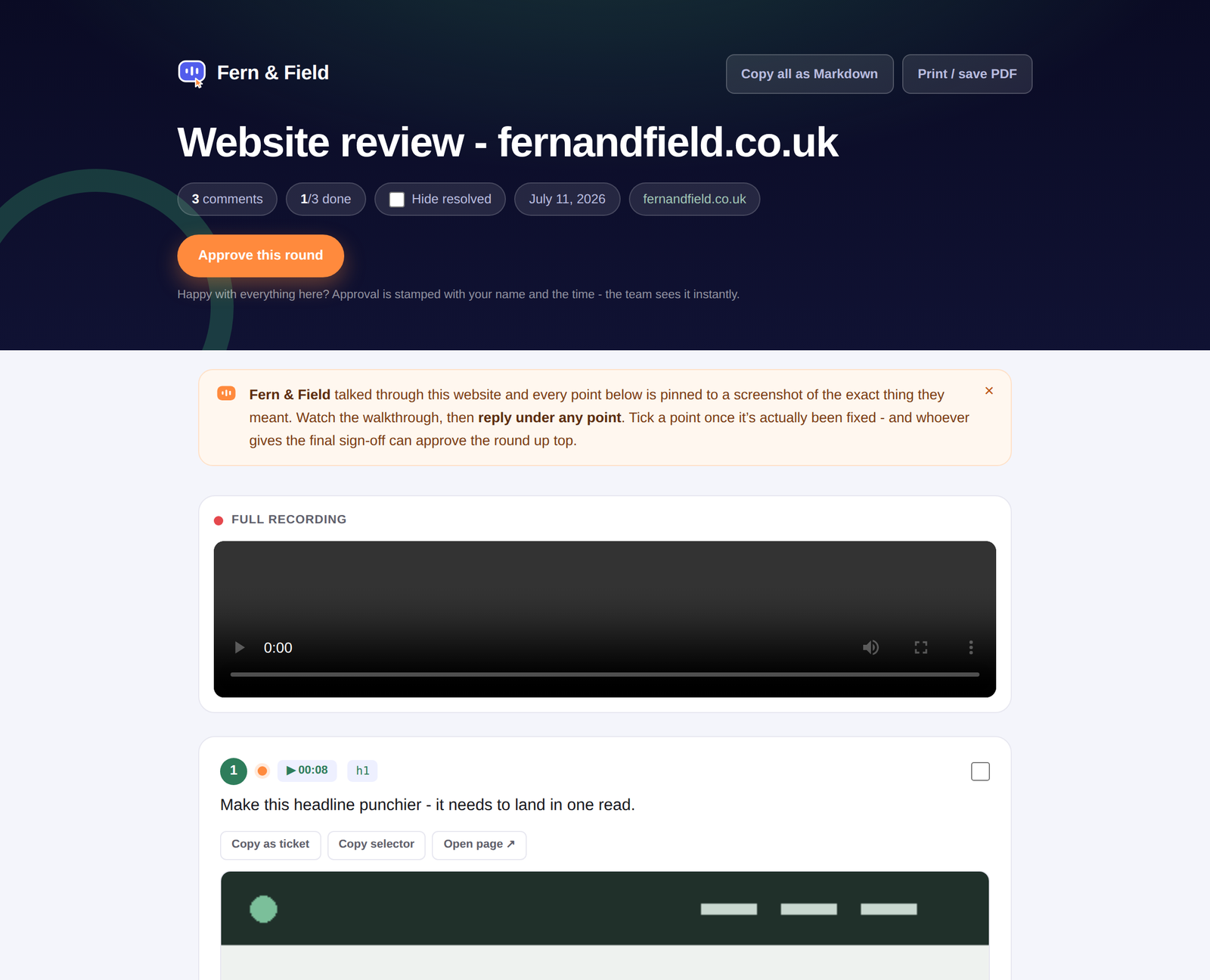 The client's view of a Sayso review: an Approve button, the recording, and pinned points.