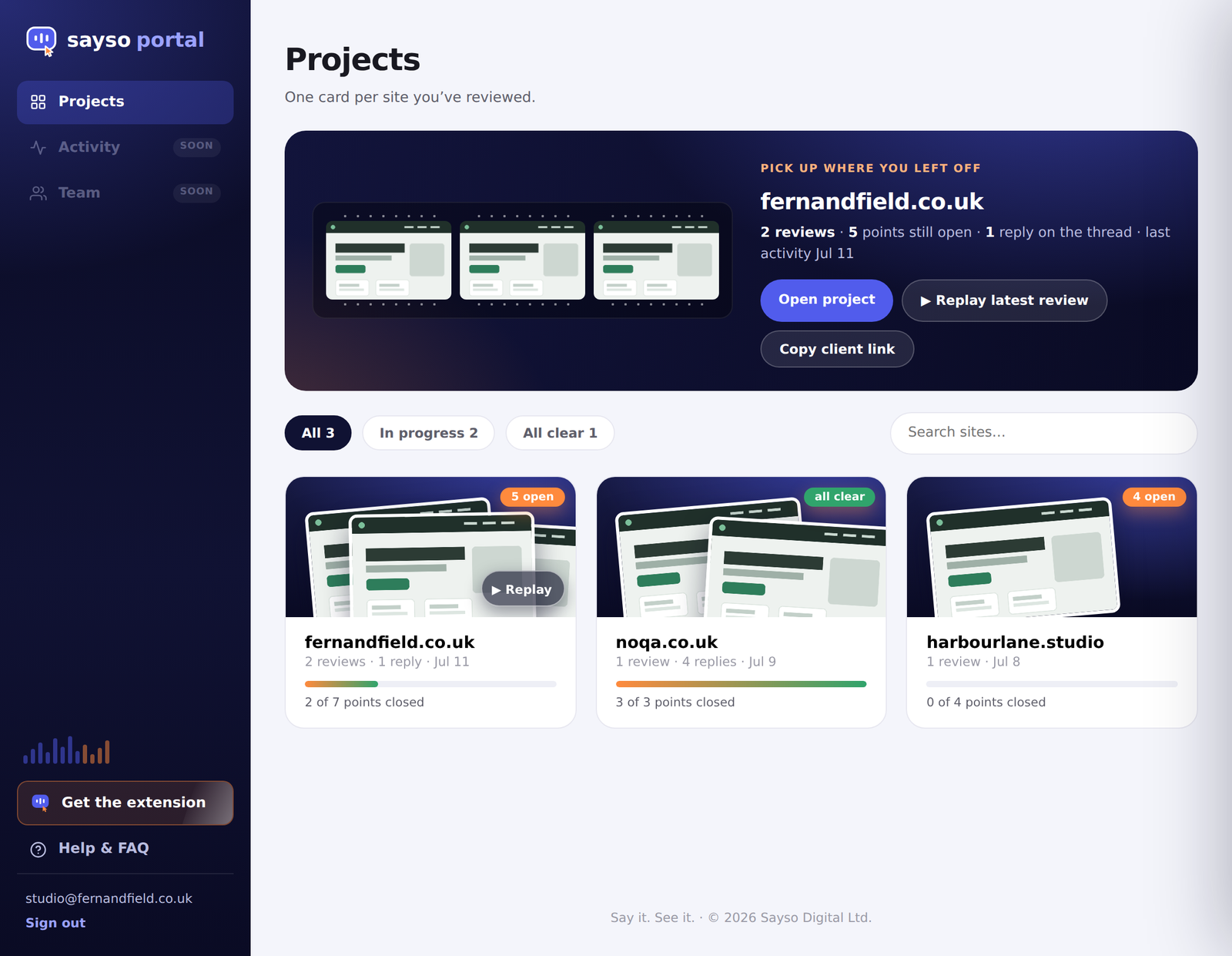 The Sayso portal dashboard showing project cards, a resume strip, filters and search.
