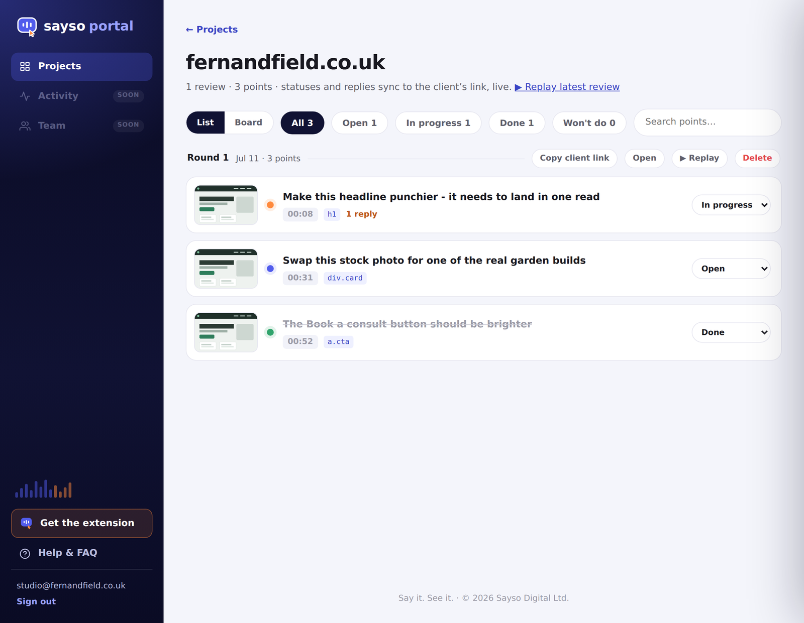 A Sayso project showing points with status dropdowns, filters, rounds and a client link.